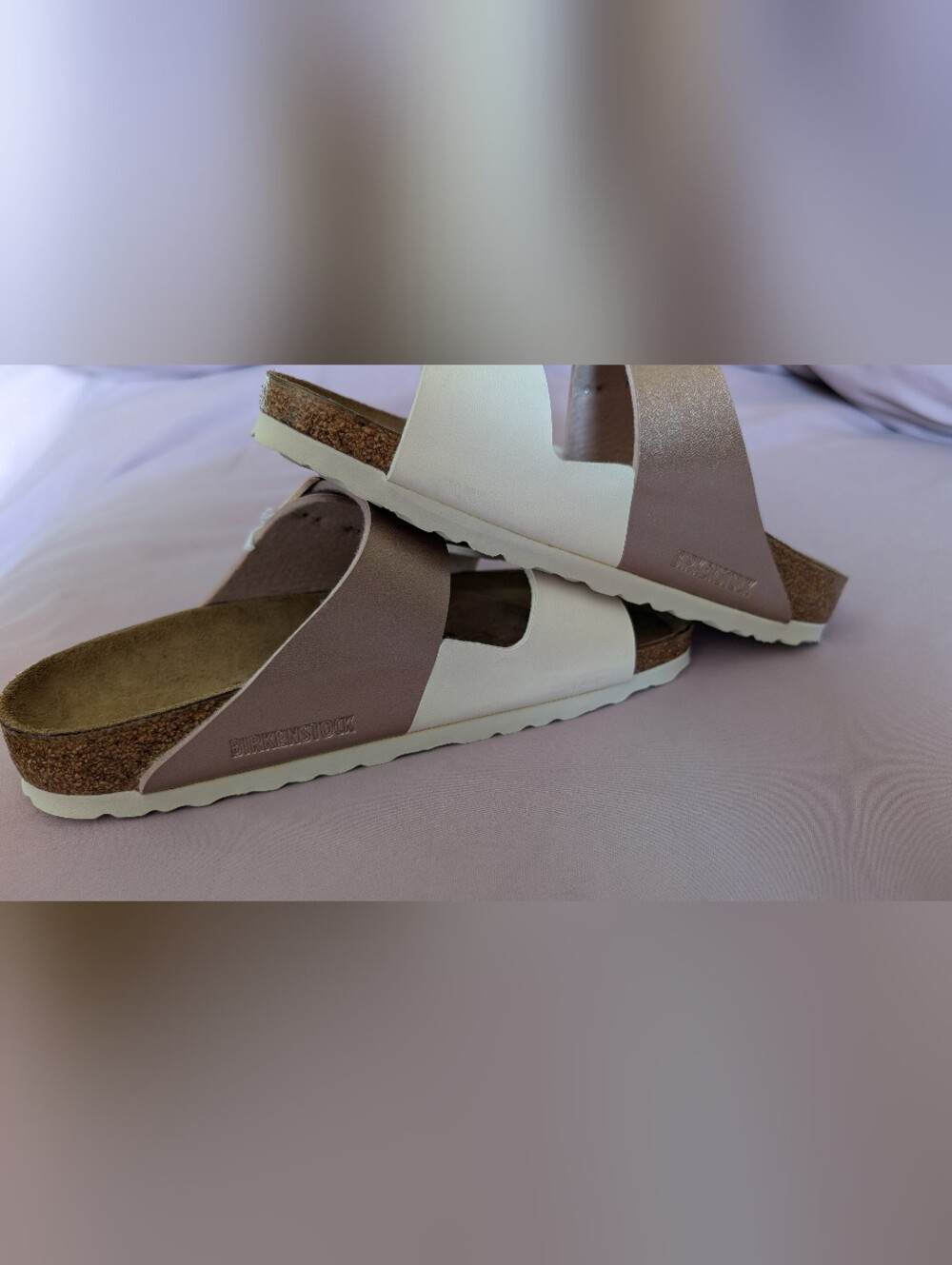 Birkenstock Women’s Arizona Two-Tone White and Rose Gold Slide Sandals